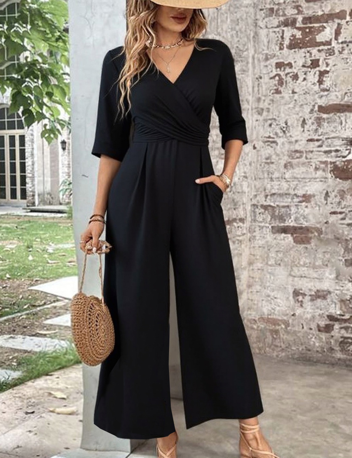 Watch XNC Women's Black V-Neck Short Sleeve Jumpsuit on Amazon Live